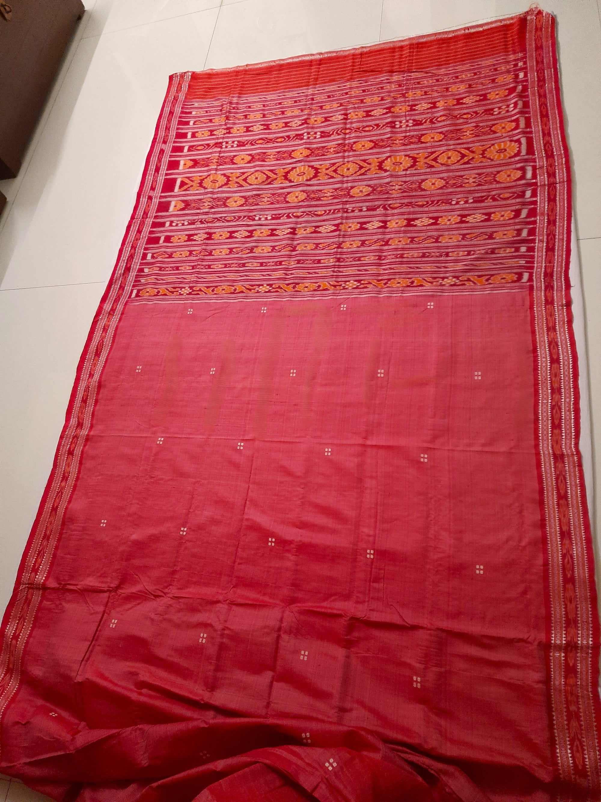 Pink with Red Patli pleats Tussar Silk Odisha Ikat Saree with cotton ikat blouse piece