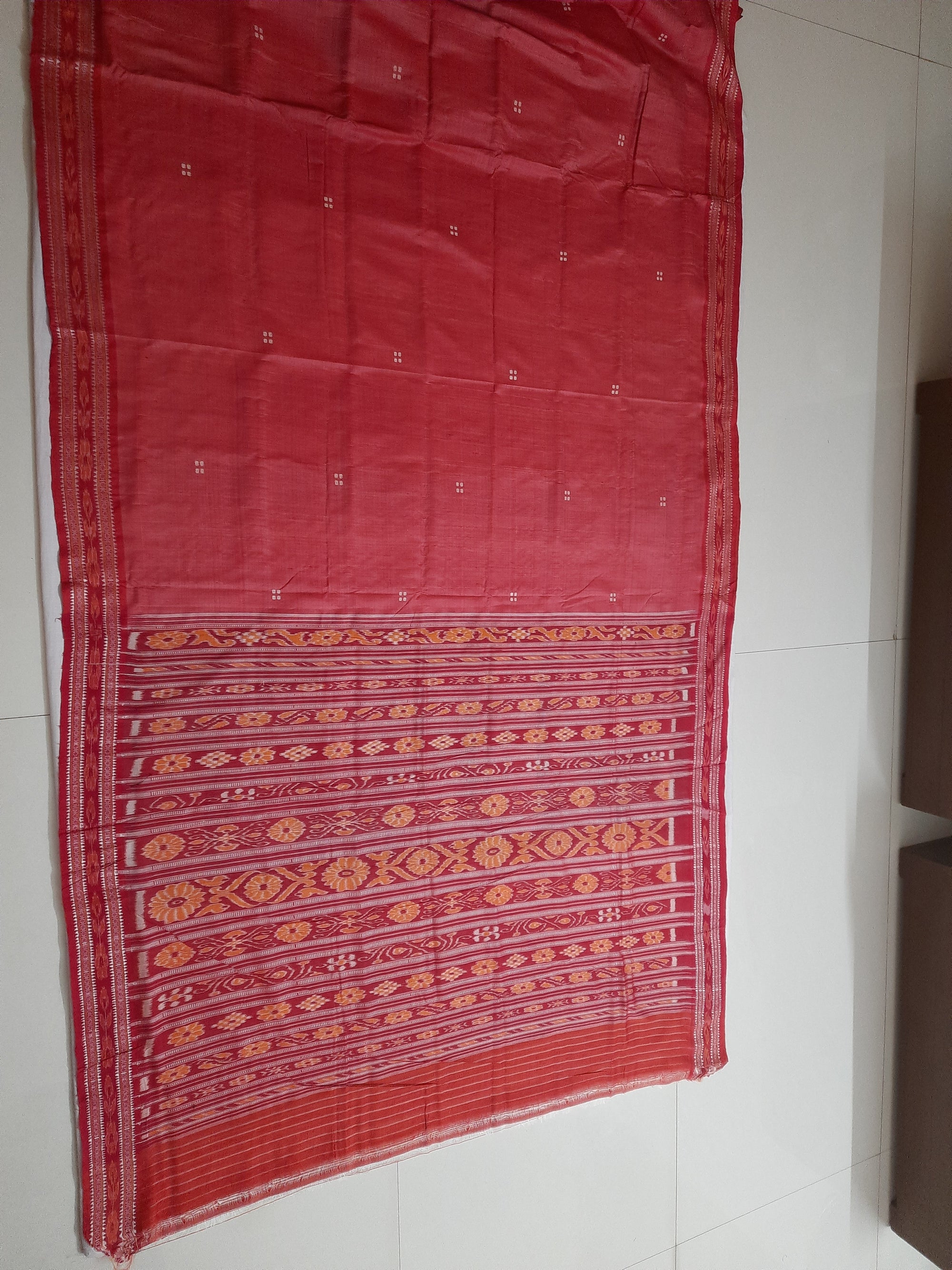 Pink with Red Patli pleats Tussar Silk Odisha Ikat Saree with cotton ikat blouse piece