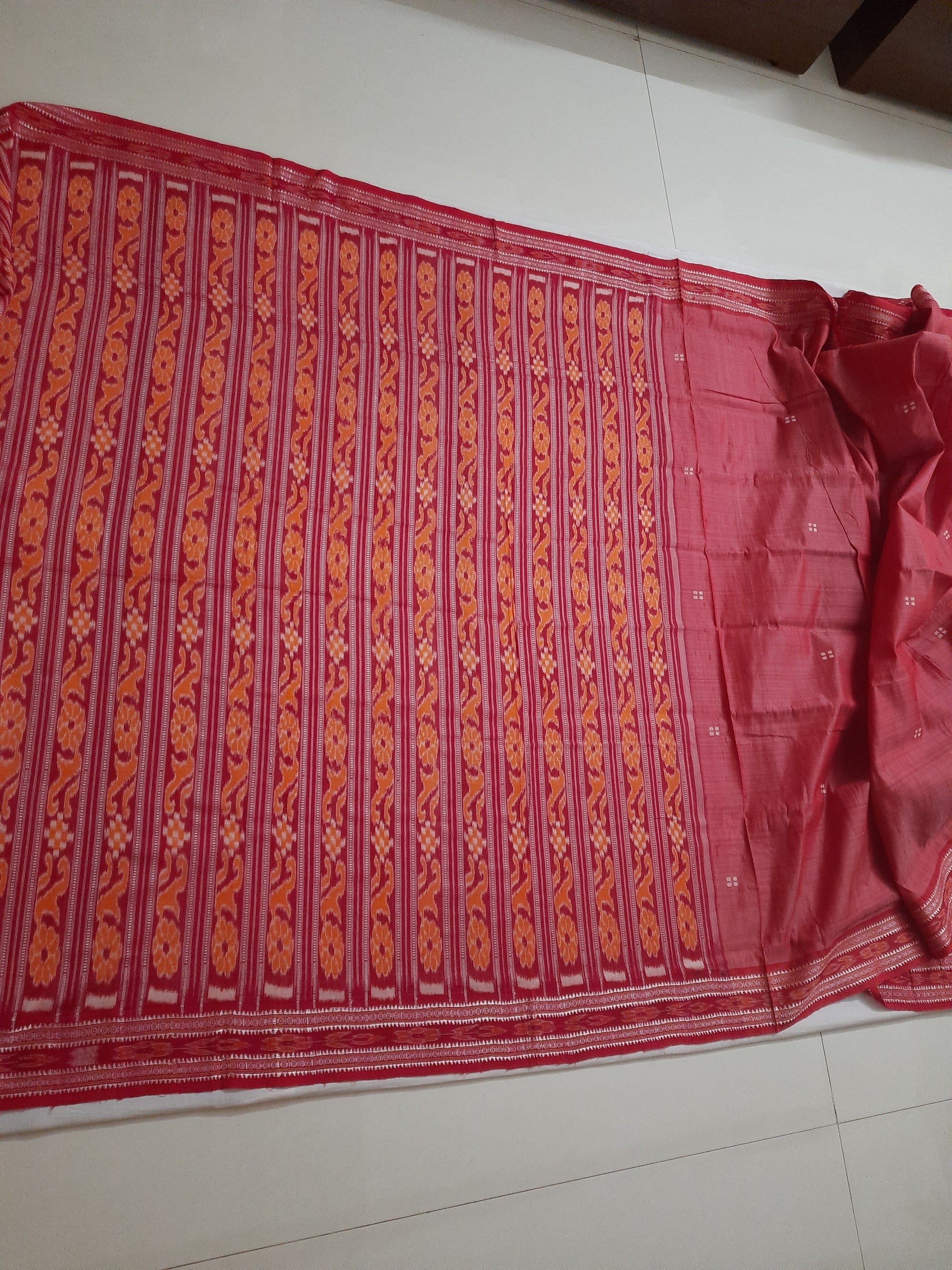 Pink with Red Patli pleats Tussar Silk Odisha Ikat Saree with cotton ikat blouse piece