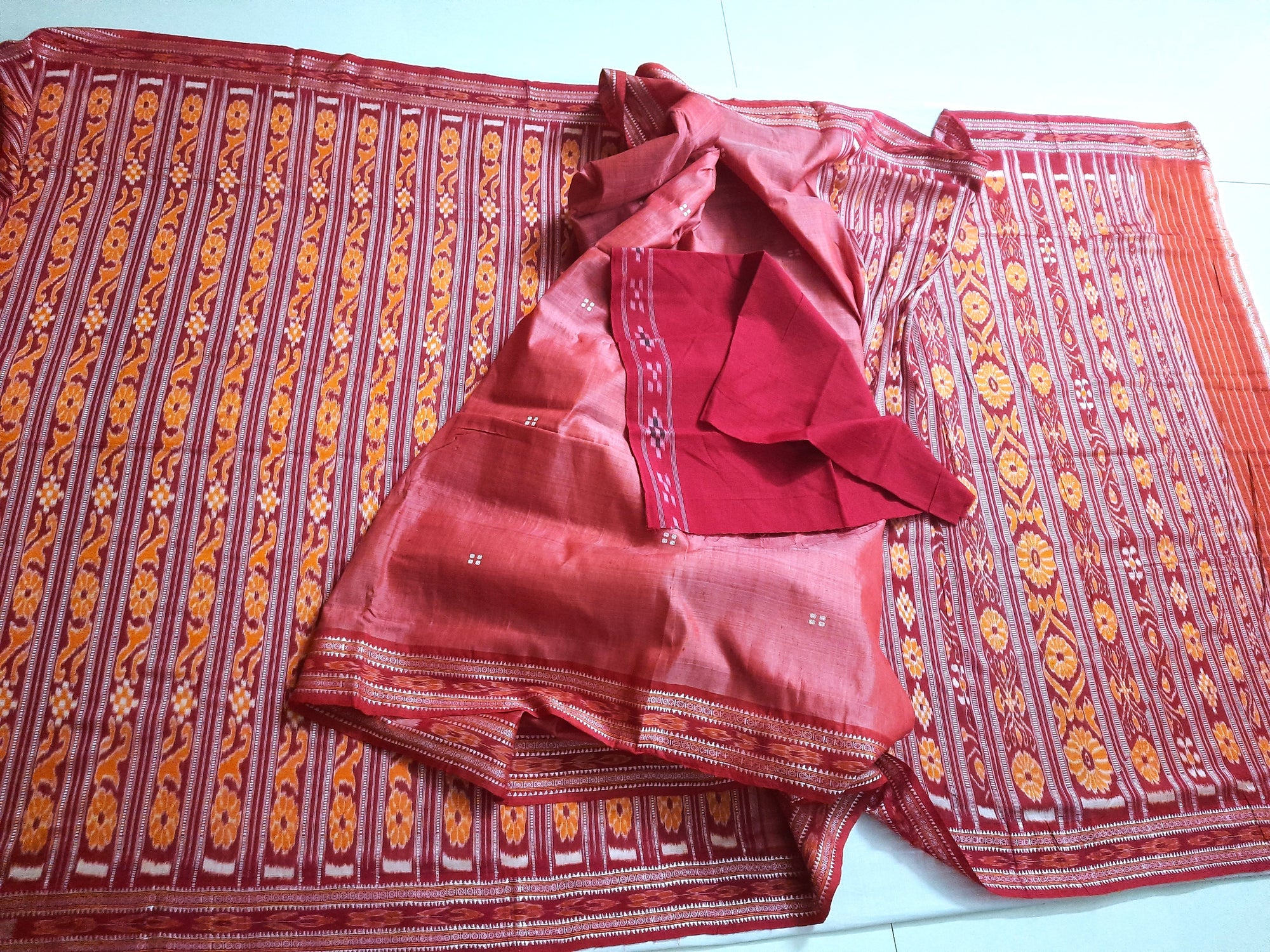 Pink with Red Patli pleats Tussar Silk Odisha Ikat Saree with cotton ikat blouse piece