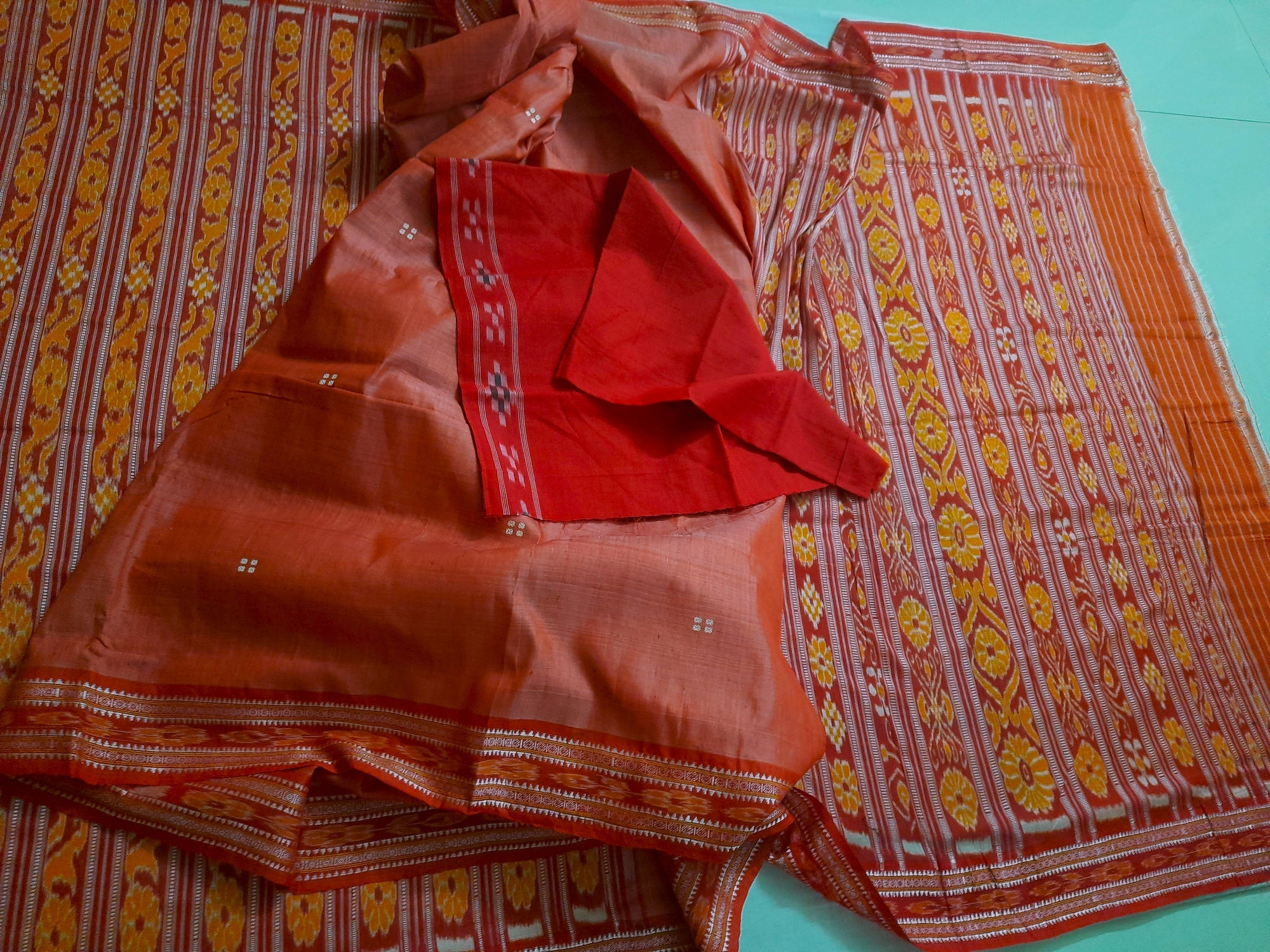 Pink with Red Patli pleats Tussar Silk Odisha Ikat Saree with cotton ikat blouse piece