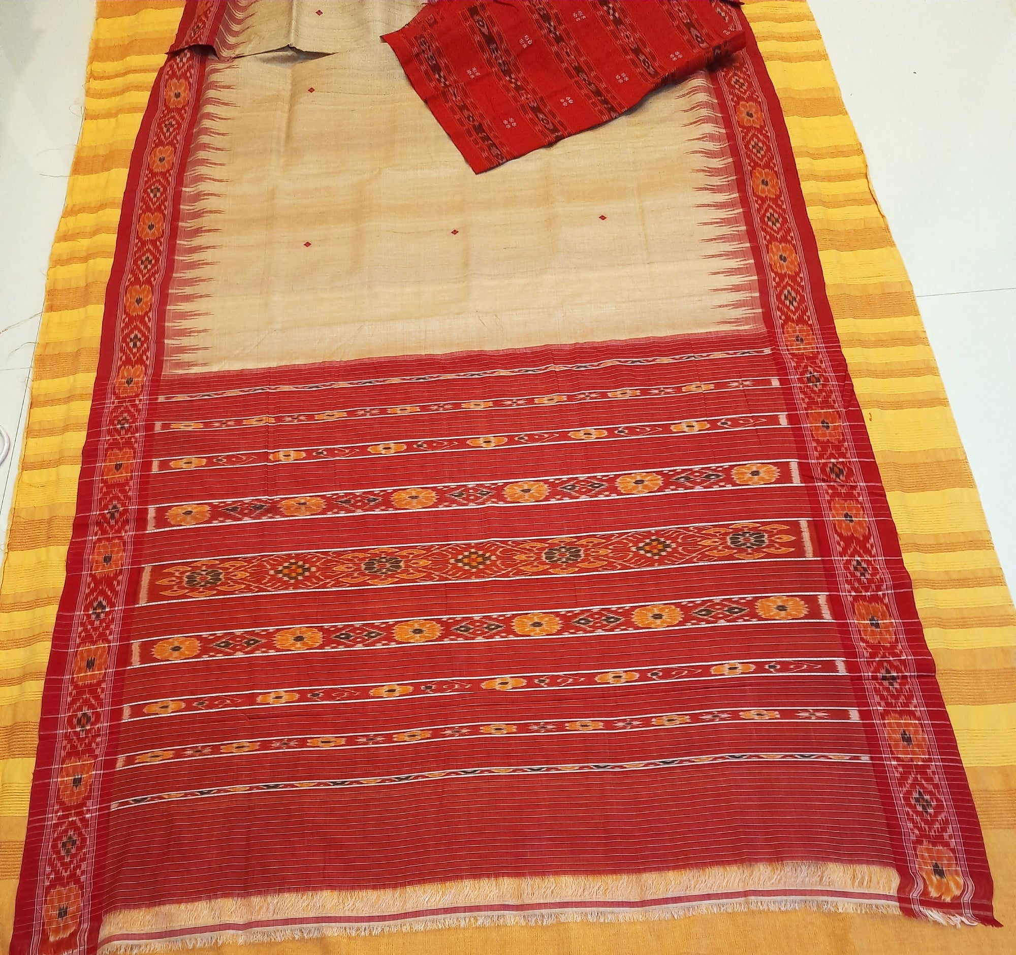 Beige with Red Tussar Silk Odisha Ikat Saree with cotton ikat blouse piece