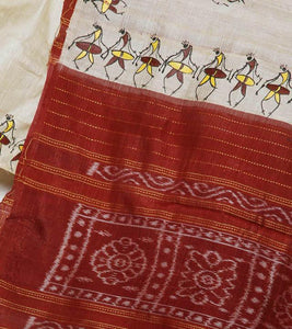 CraftsCollection.in - Beige Tussar Silk Sambalpuri Dupatta with Hand Painted Tribal Art