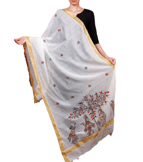 CraftsCollection.in - Chanderi Cotton Dupatta with Hand Painted Madhubani Art