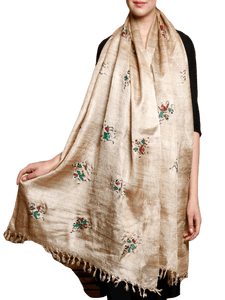 CraftsCollection.in - Beige Tussar Ghicha Silk Dupatta with Hand Painted Tribal Art