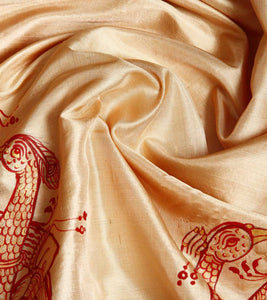 CraftsCollection.in - Golden Silk Dupatta with Hand Painted Pattachitra Art