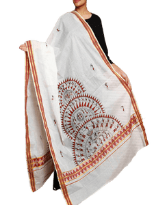 CraftsCollection.in - Cotton Handloom Dupatta with Hand Painted Tribal Art