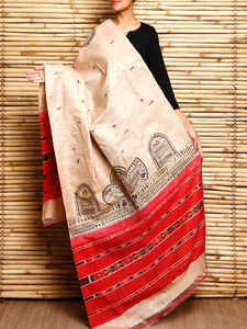 CraftsCollection.in - Beige Tussar Silk Dupatta with Hand Painted Tribal Art