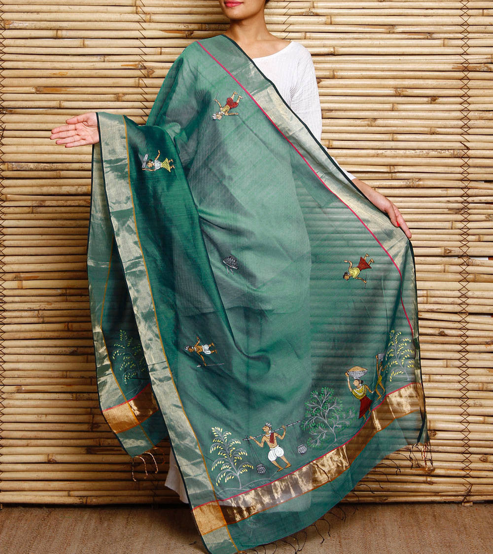 CraftsCollection.in - Green Chanderi Silk Dupatta with Hand Painted Tribal Art