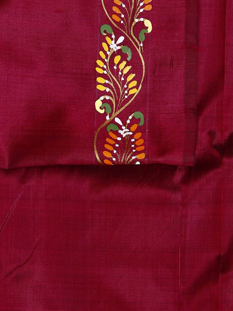 CraftsCollection.in - Dark Purple Silk Saree with Hand Painted Pattachitra Art