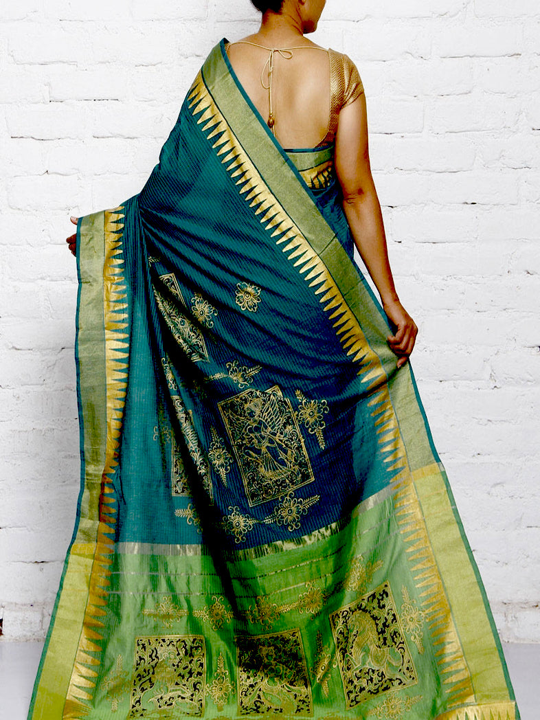 CraftsCollection.in - Chanderi Silk Saree with Hand Painted Pattachitra Art
