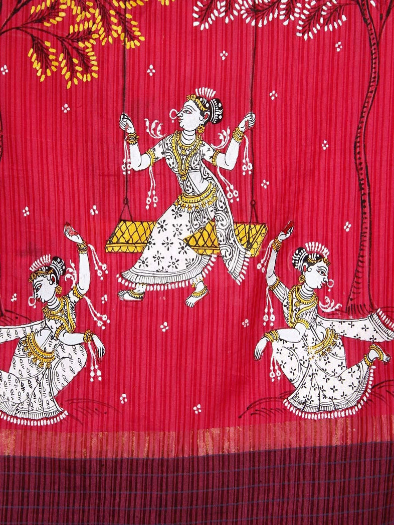CraftsCollection.in - Pink Cotton  Dupatta with Hand Painted Pattachitra Art