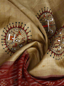 CraftsCollection.in - Tussar Silk Sambalpuri Dupatta with Hand Painted Tribal Art