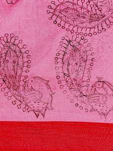CraftsCollection.in - Dark Pink Silk Dupatta with Hand Painted Madhubani Art