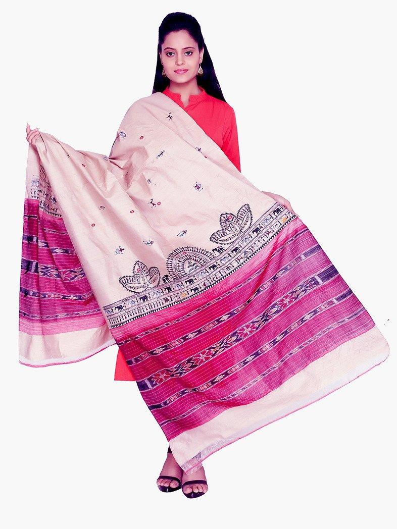 CraftsCollection.in - Beige Tussar Silk Dupatta with Hand Painted Tribal Art