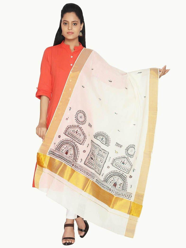 CraftsCollection.in - Cotton Handloom Dupatta with Hand Painted Tribal Art