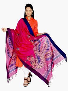 CraftsCollection.in - Purple Silk Dupatta with Hand Painted Kalamkari Art