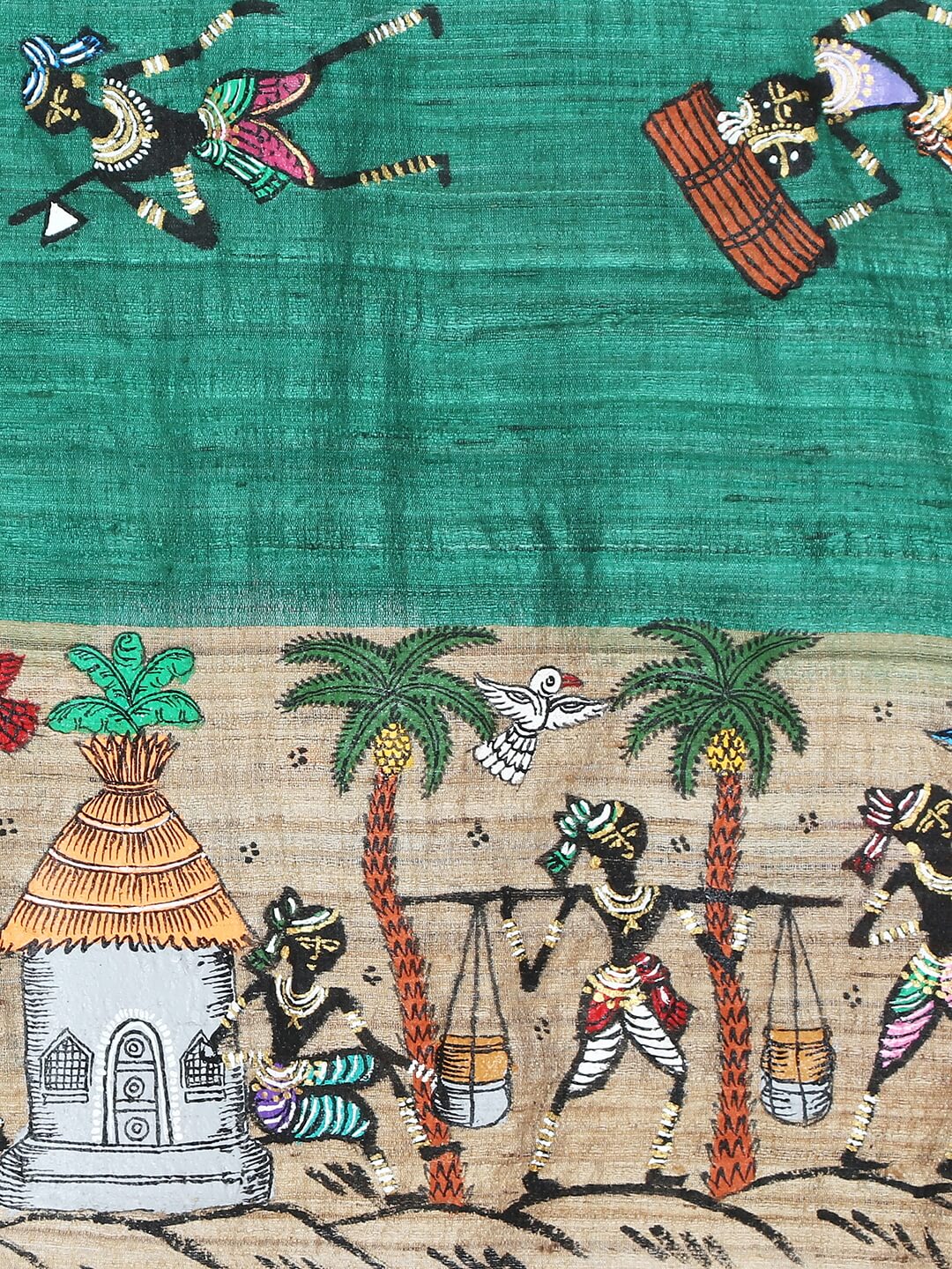 Green Tussar Ghicha Silk Dupatta with handpainted Tribal Motifs