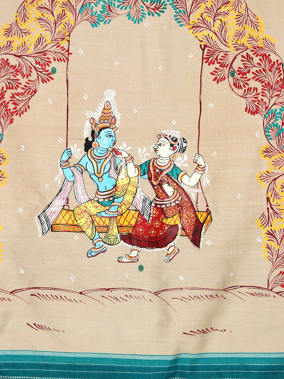 Beige Cotton Sambalpuri Dupatta with handpainted Pattachitra Motifs