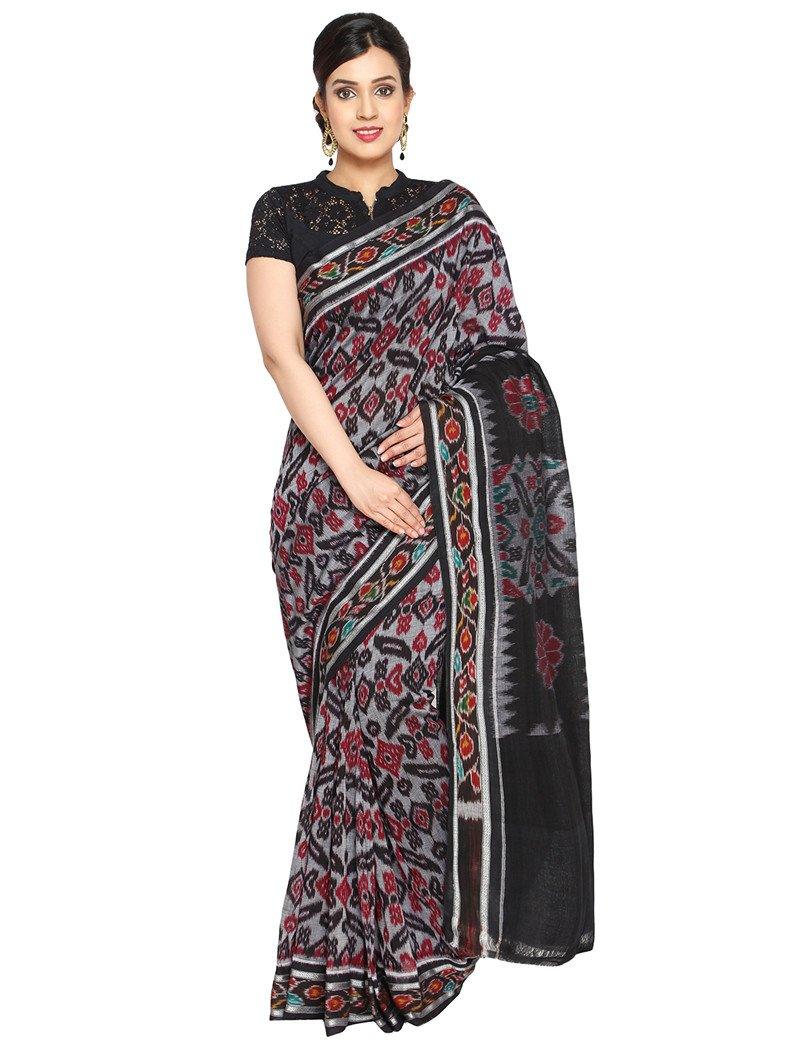 CraftsCollection.in - Grey and Black Odisha Handloom Sambalpuri Bandha Saree
