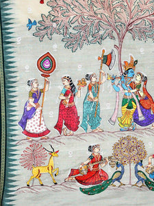 CraftsCollection.in - Beige Sambalpuri Saree with Hand Painted Pattachitra Art