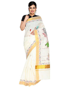 CraftsCollection.in - Cotton Handloom Saree with Hand Painted Pattachitra Art