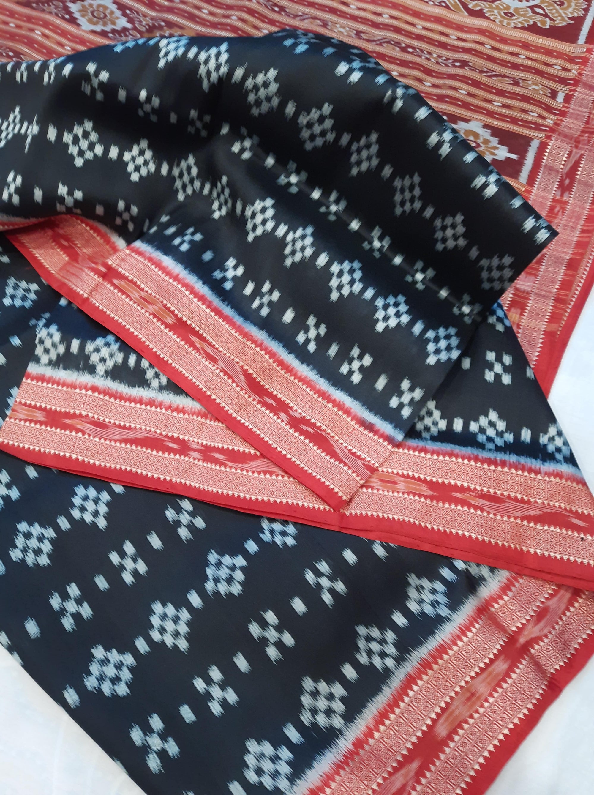 Black and Red Odisha Khandua Silk Saree with pasapalli motifs