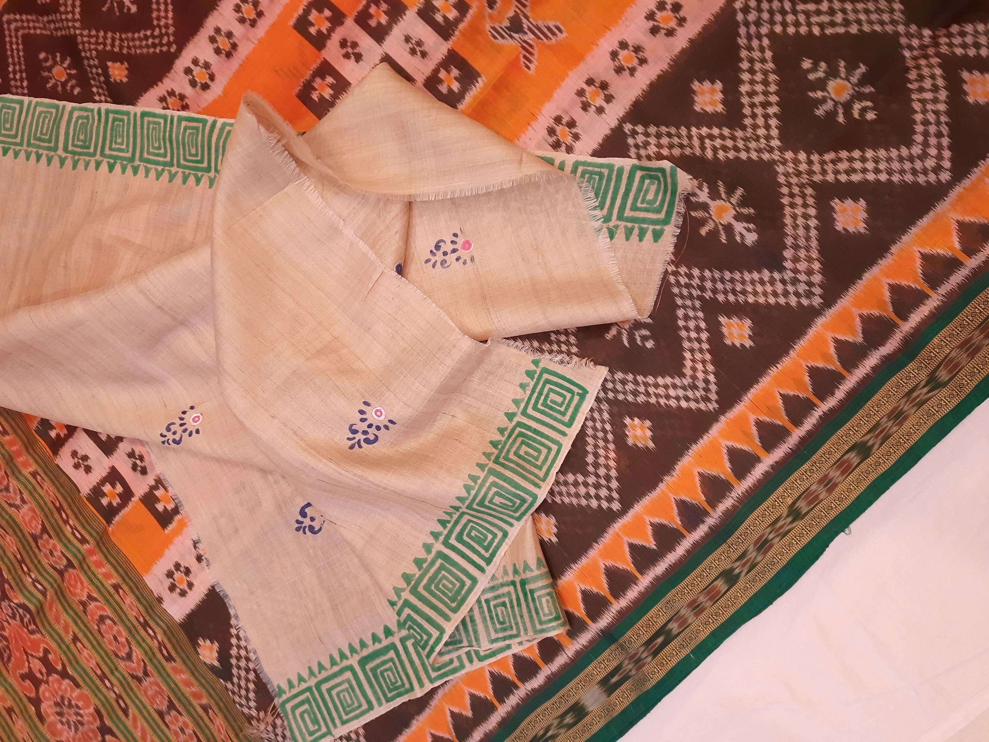 Multicoloured Khandua Silk Saree with hand painted silk blouse