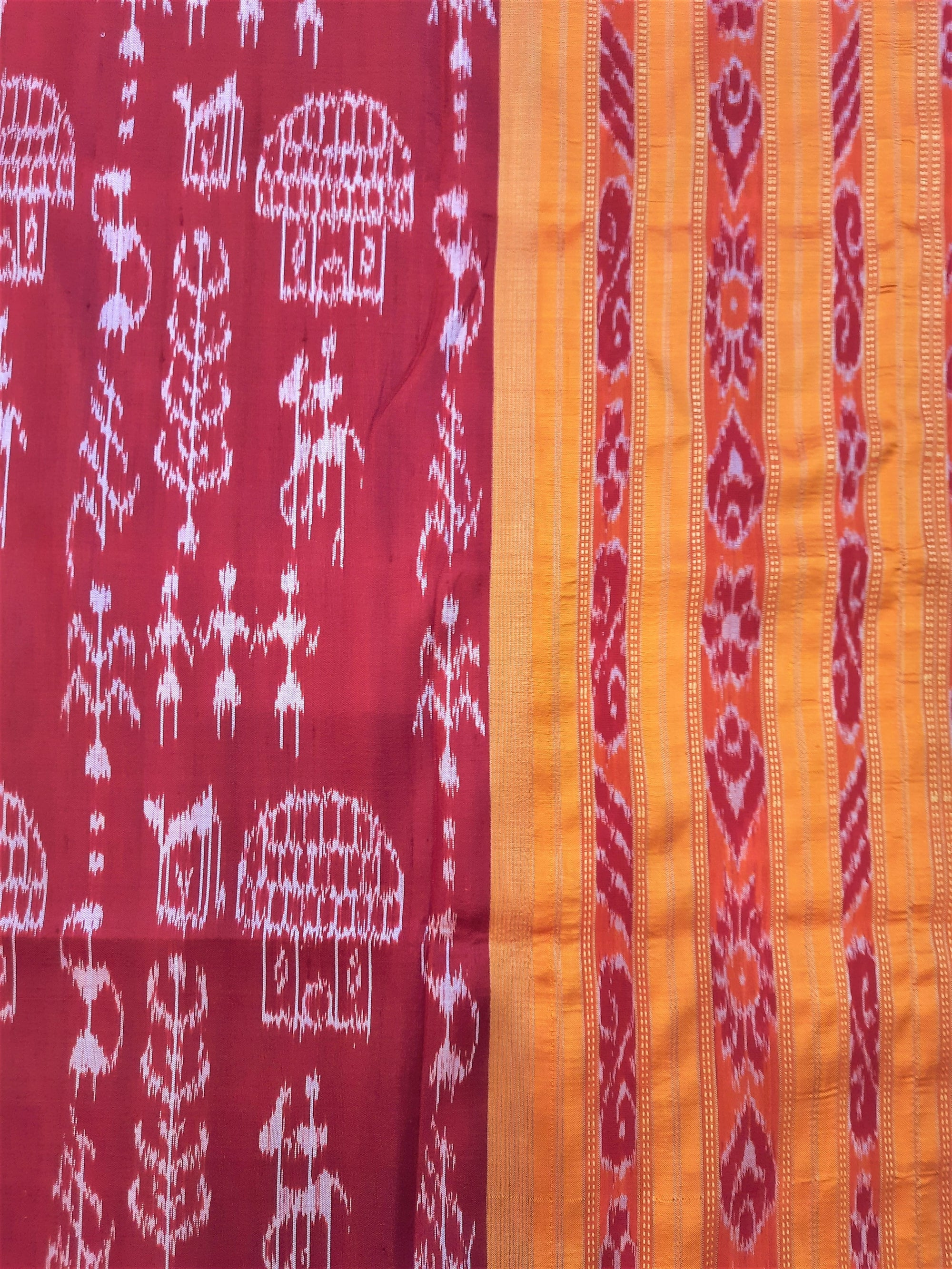 Maroon Khandua Silk Saree with ikat motifs woven on body and matching blouse piece
