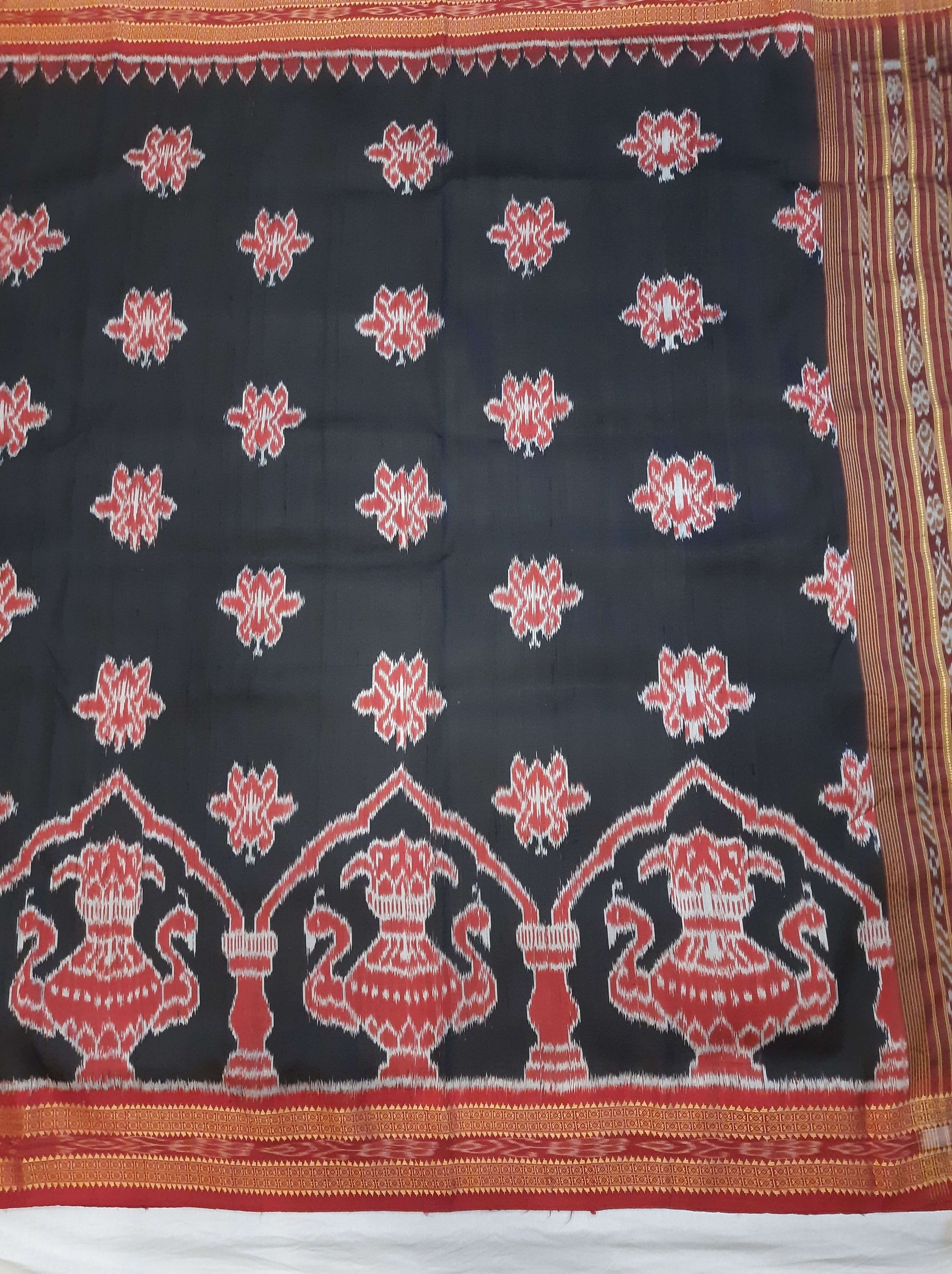 Black and Red Khandua Silk Saree with wide border