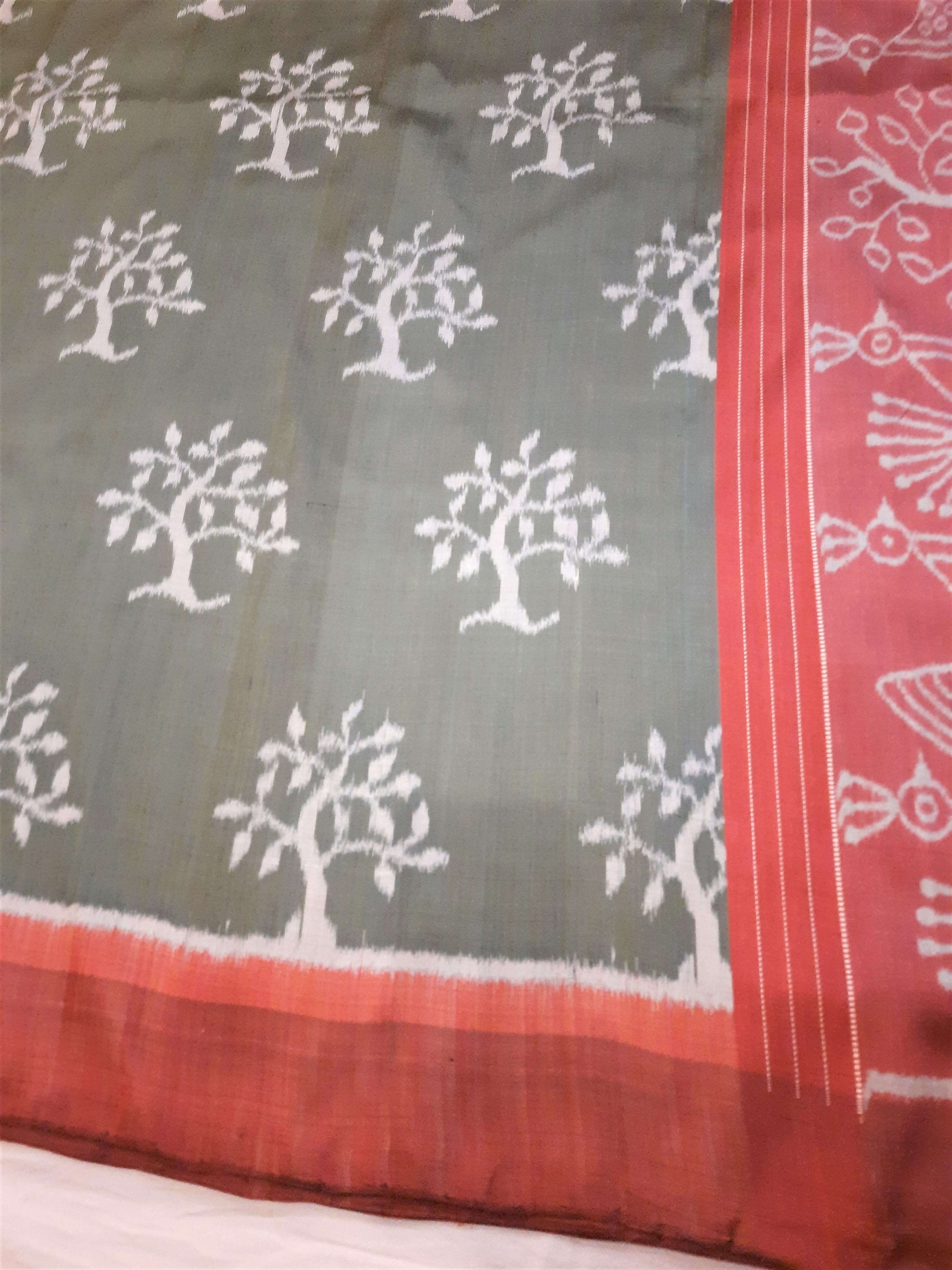 Greyish Green Odisha Ikat Mulberry Silk Saree with running blouse piece