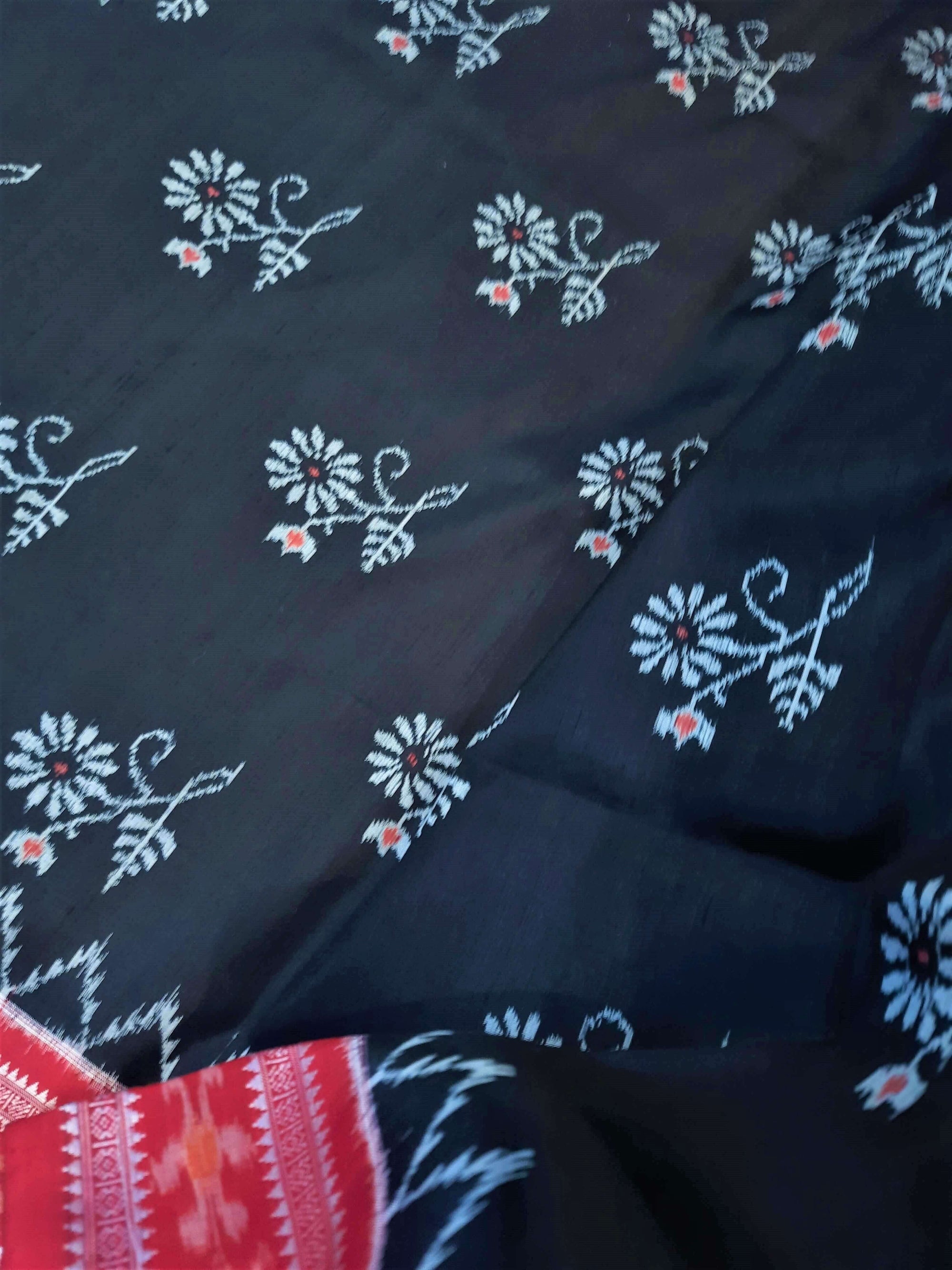 Black Odisha Khandua Silk Saree with woven flowers across body