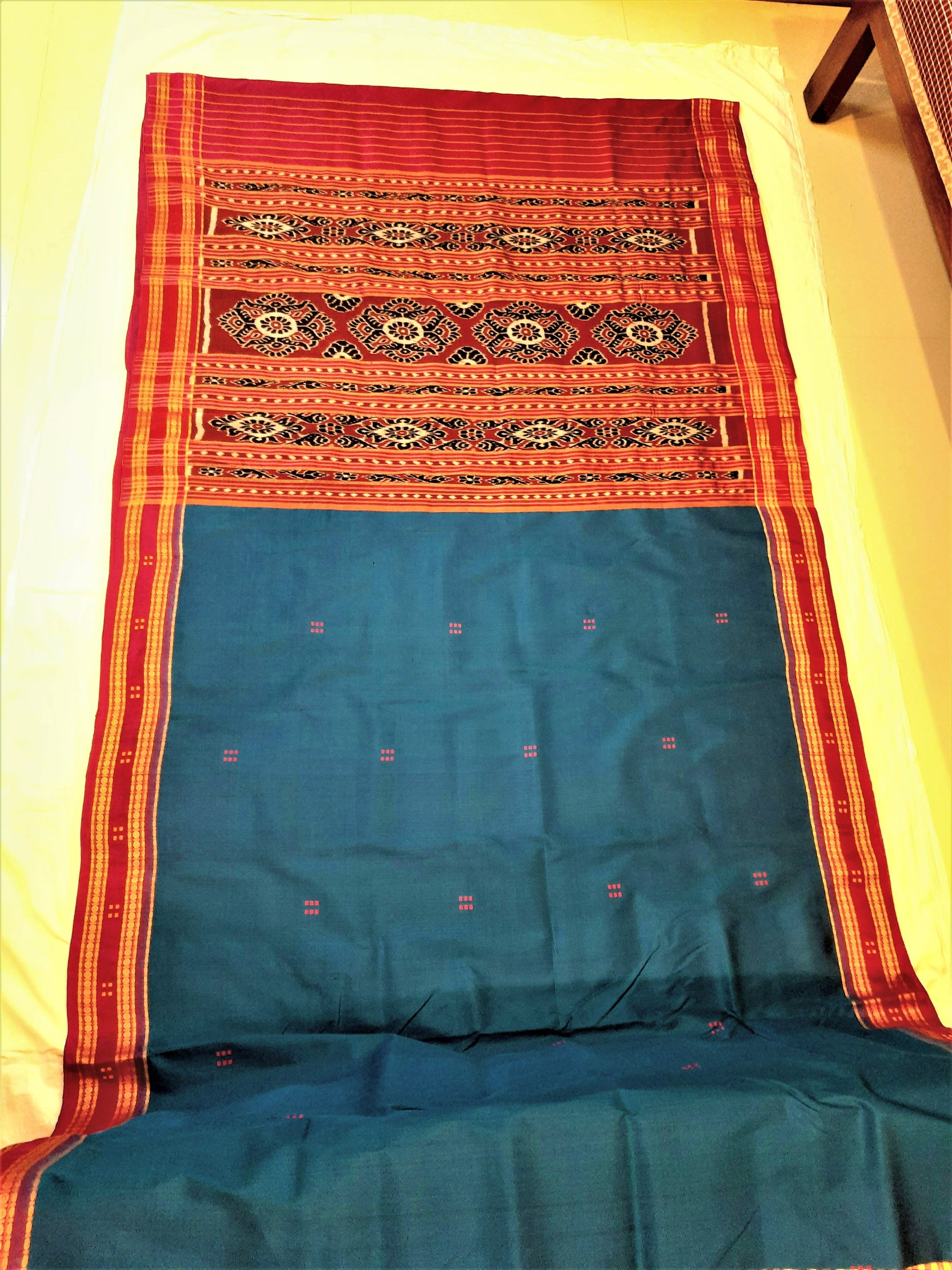 Blue and Pink Khandua Silk Saree with running blouse piece