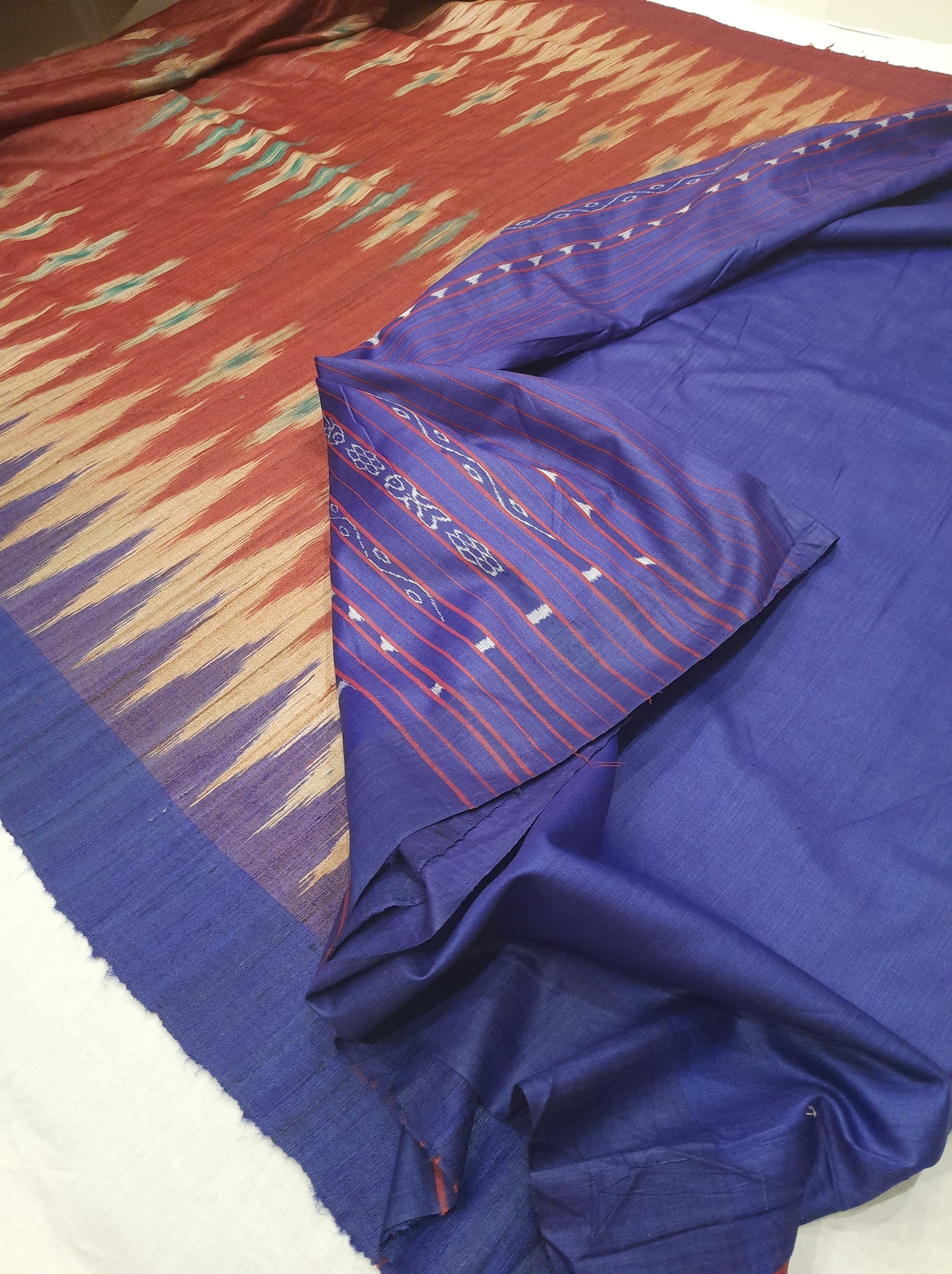 Maroon and Blue Tussar Silk Sambalpuri Saree with Pasapalli woven motifs and running blouse piece