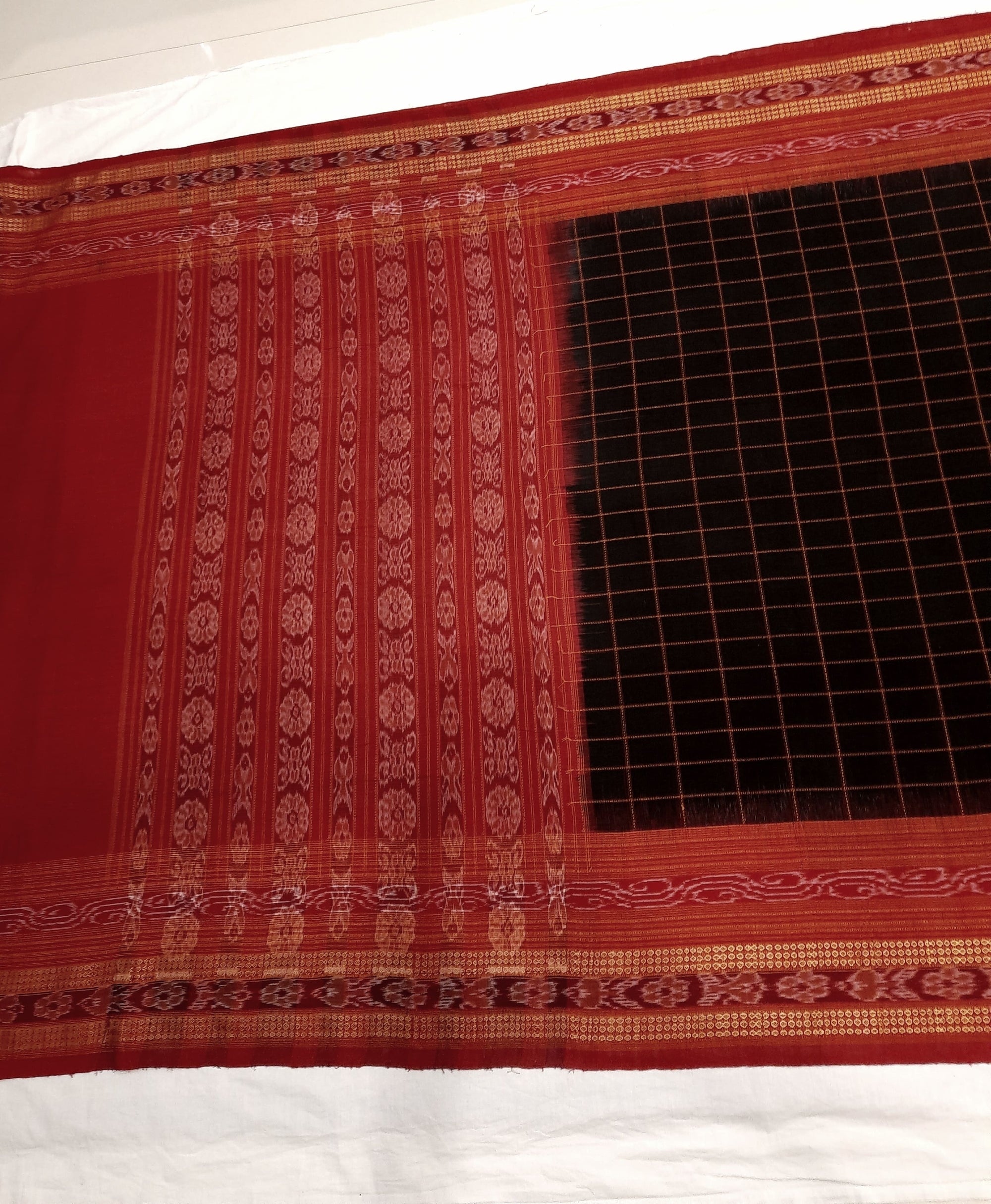 Black-Red Sambalpuri Ikat Sachipar Cotton Saree with matching Sambalpuri ikat cotton blouse piece