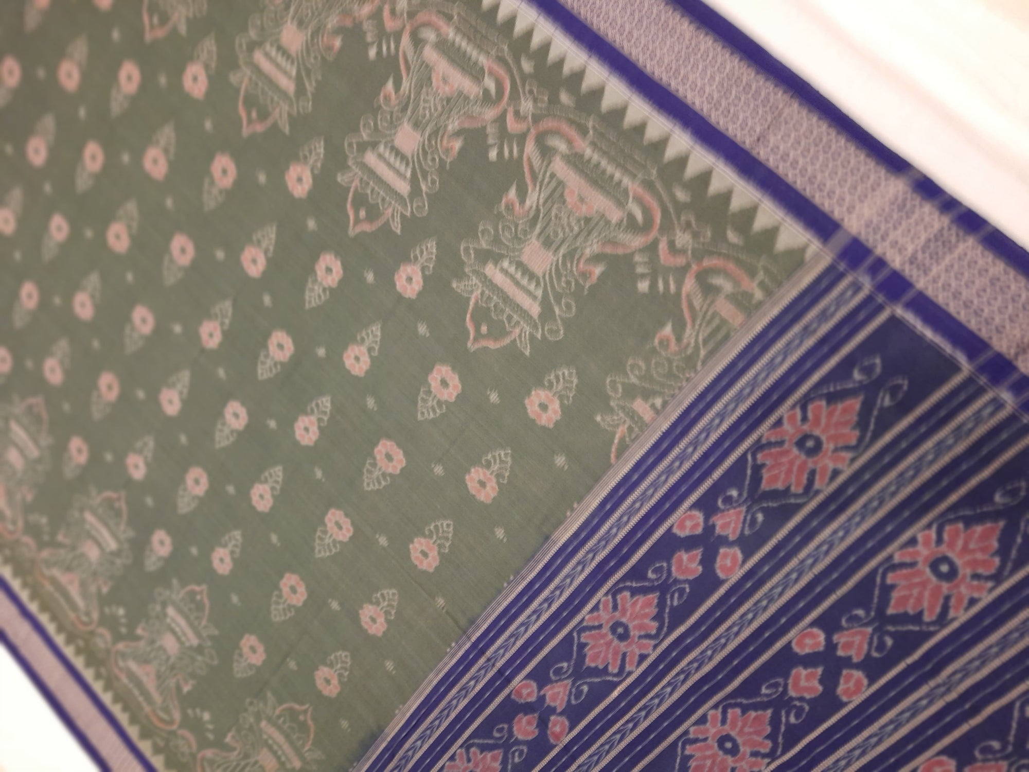 Grey and Blue cotton Sambalpuri Ikat Saree with matching ikat cotton blouse piece