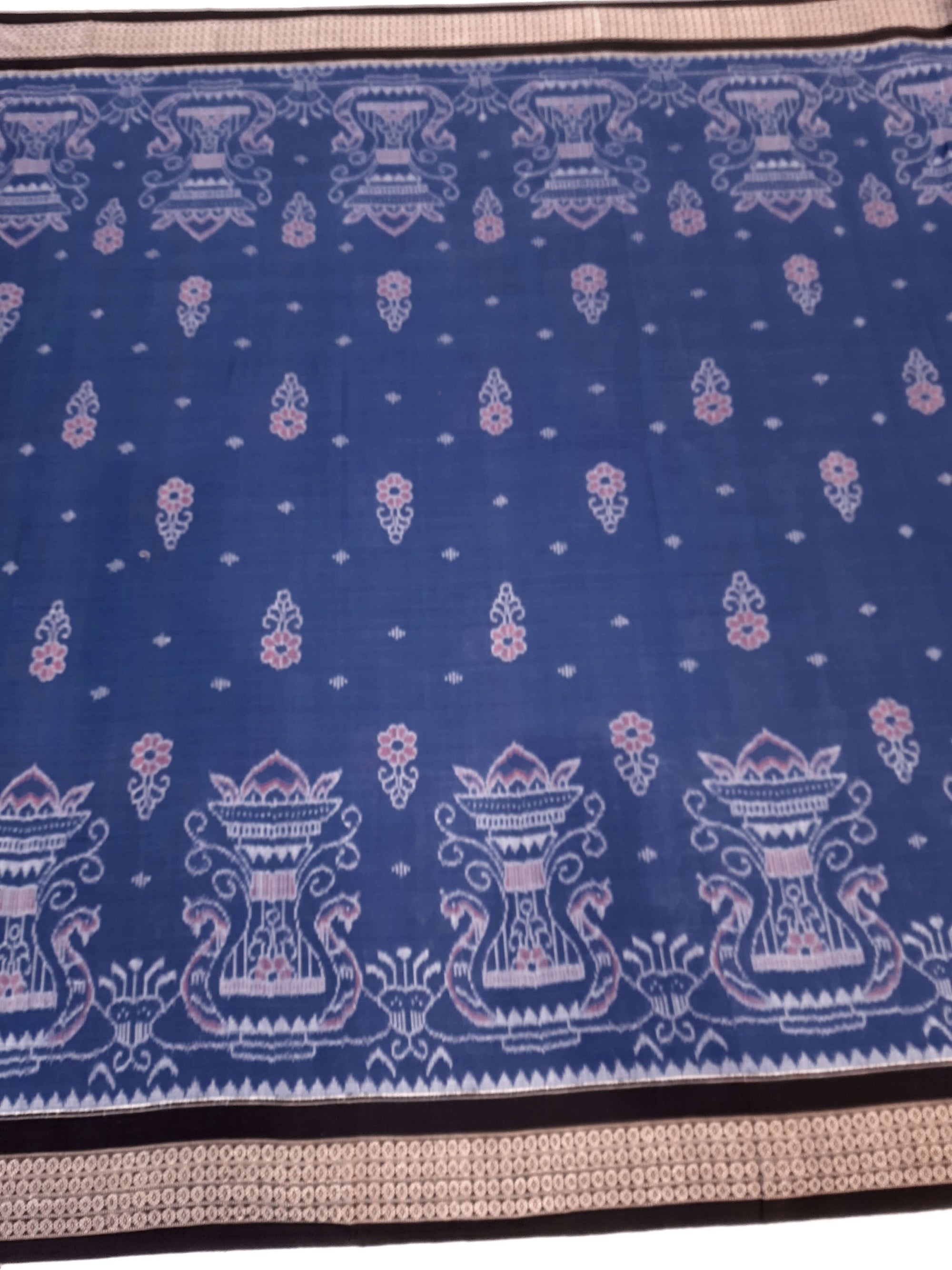 Blue and Black cotton Sambalpuri Ikat Saree with matching Sambalpuri blouse piece