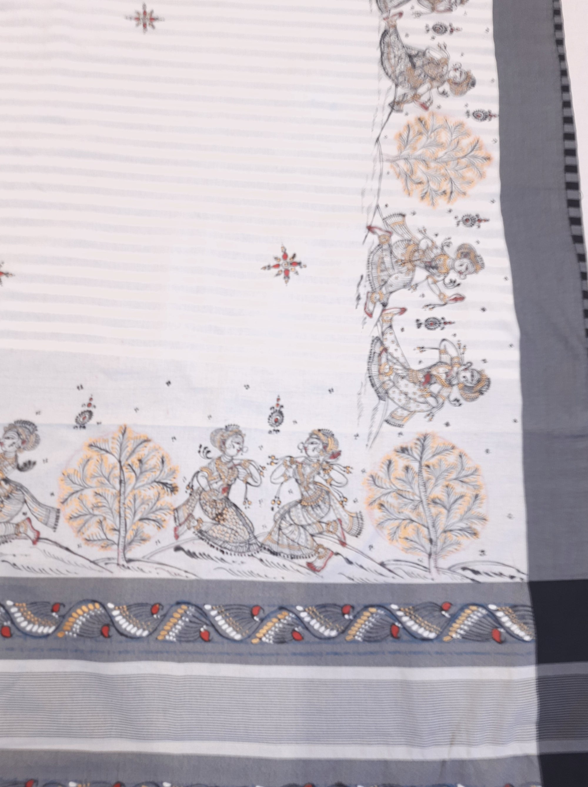 White and Black Cotton Silk Saree with handpainted Pattachitra motifs