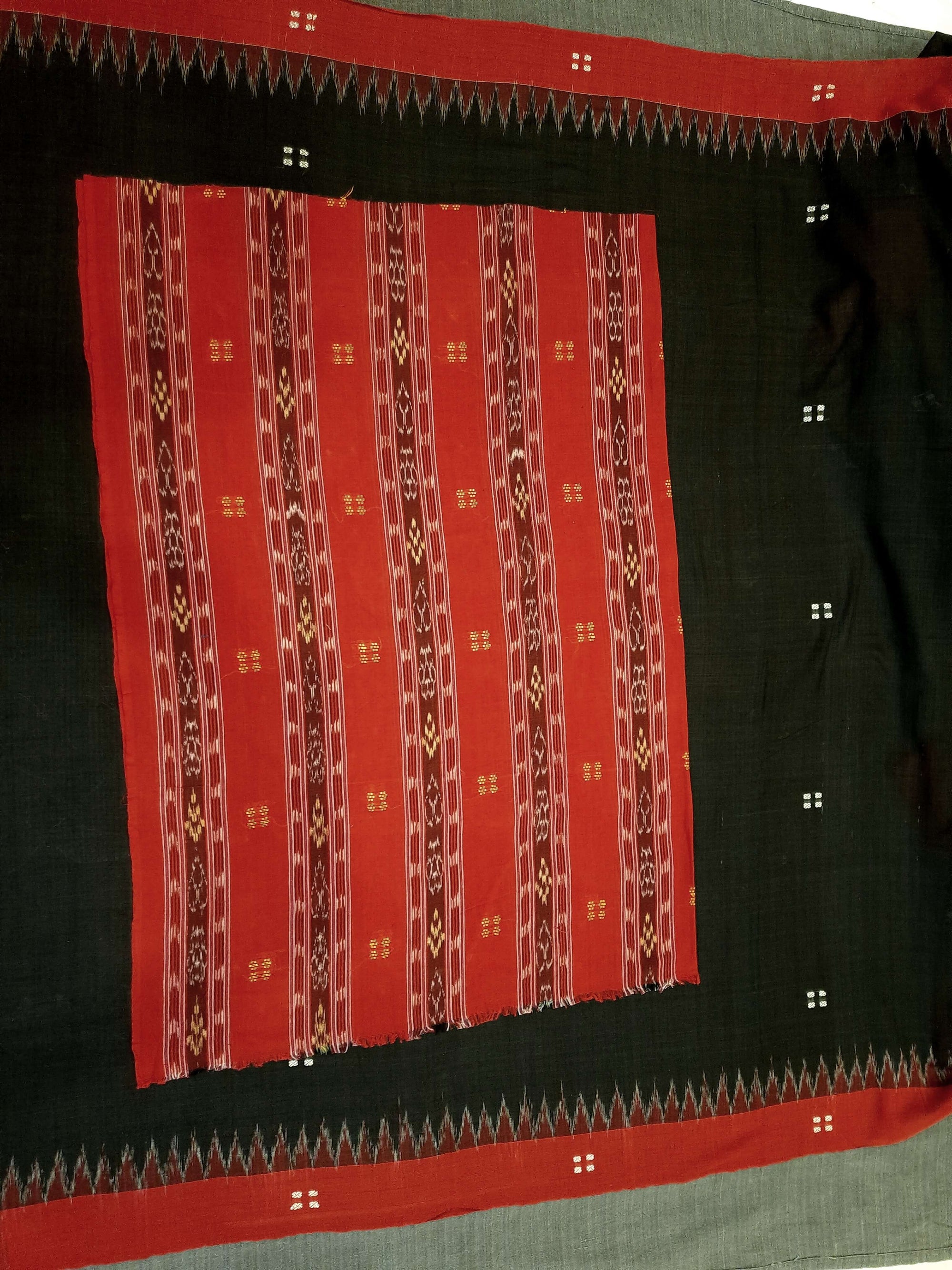 Black & Red Sambalpuri Ikat Cotton Saree with matching Sambalpuri Ikat blouse piece