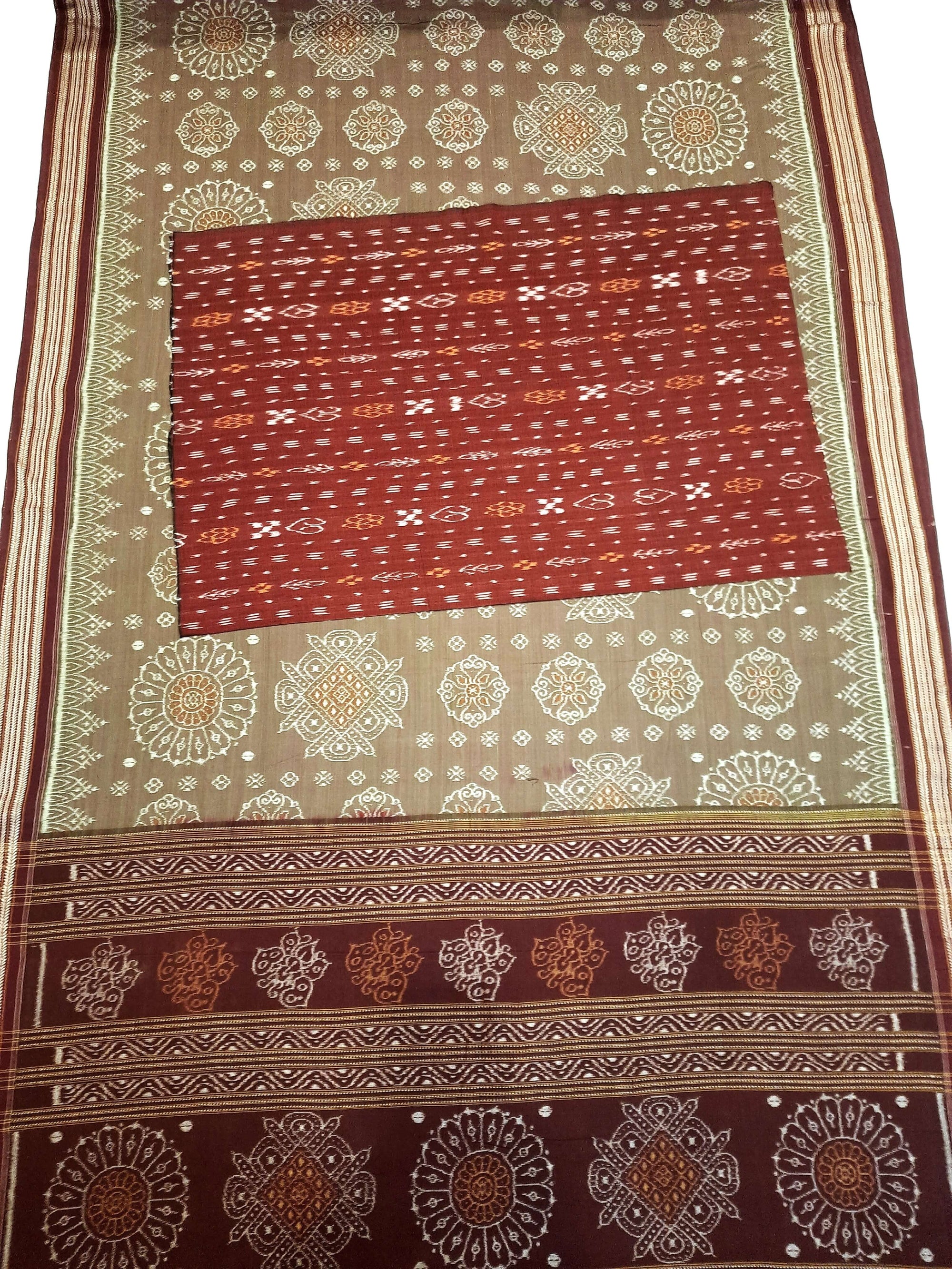 Brown-Maroon cotton Sambalpuri Ikat saree with matching cotton ikat blouse piece