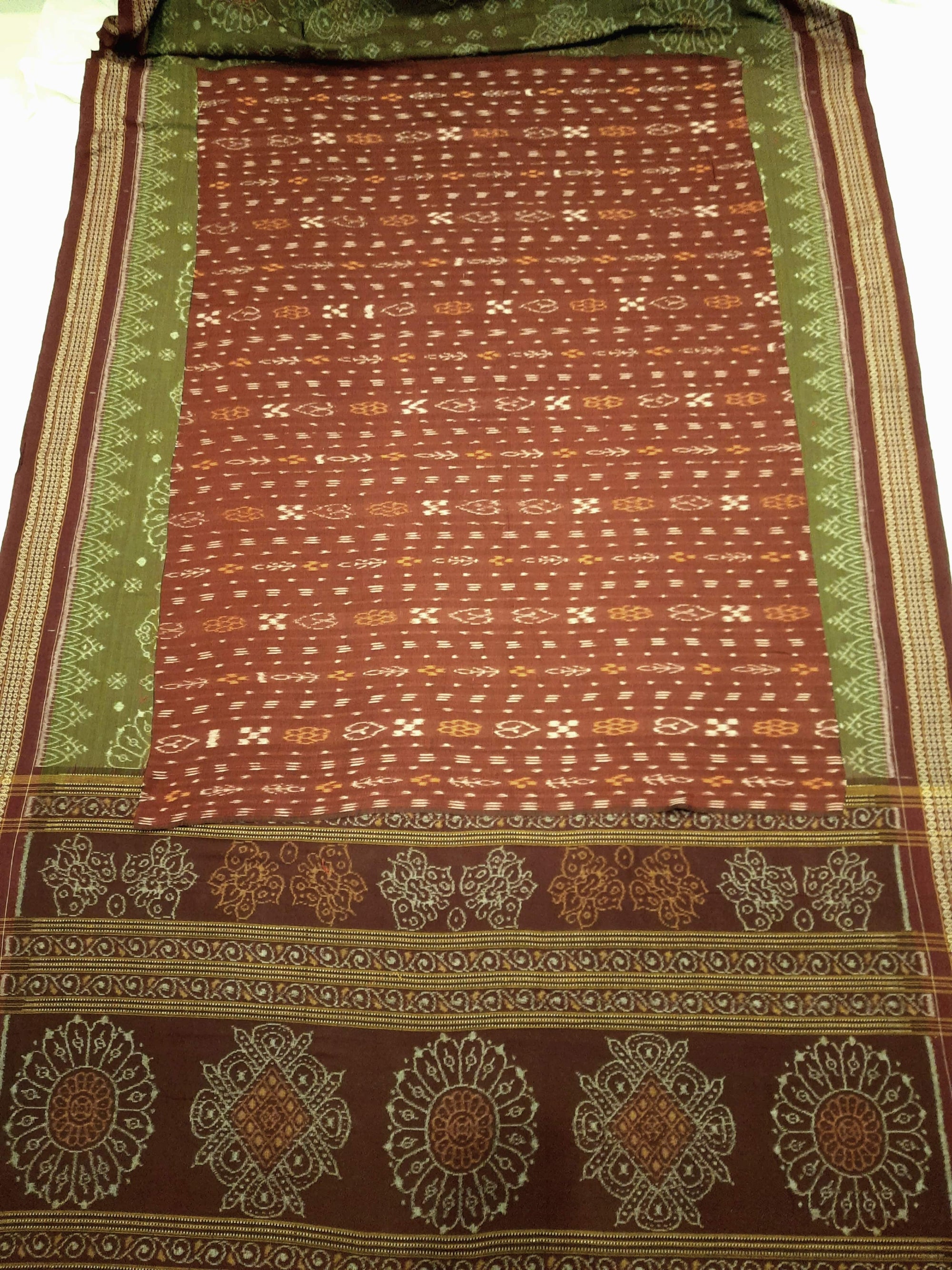 Brown and Maroon cotton Sambalpuri Ikat saree with matching cotton ikat blouse piece