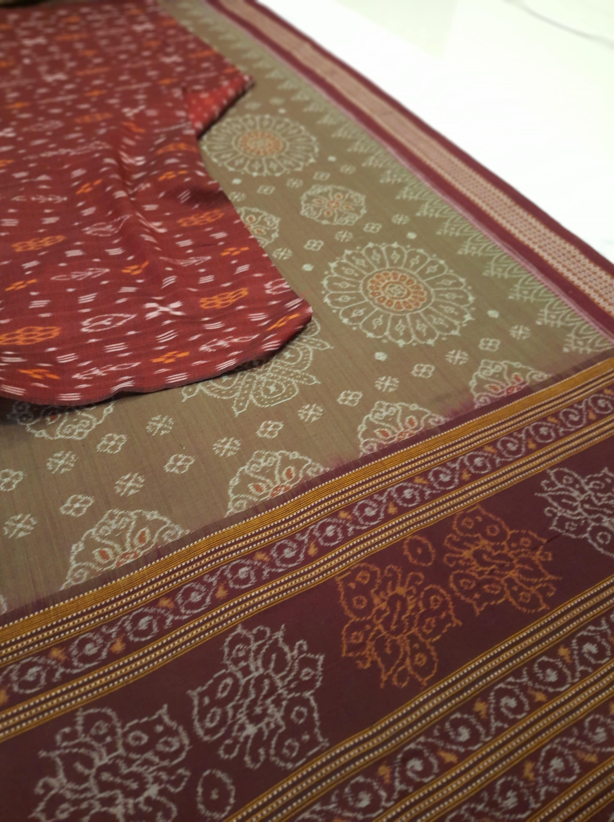Brown and Maroon cotton Sambalpuri Ikat saree with matching cotton ikat blouse piece