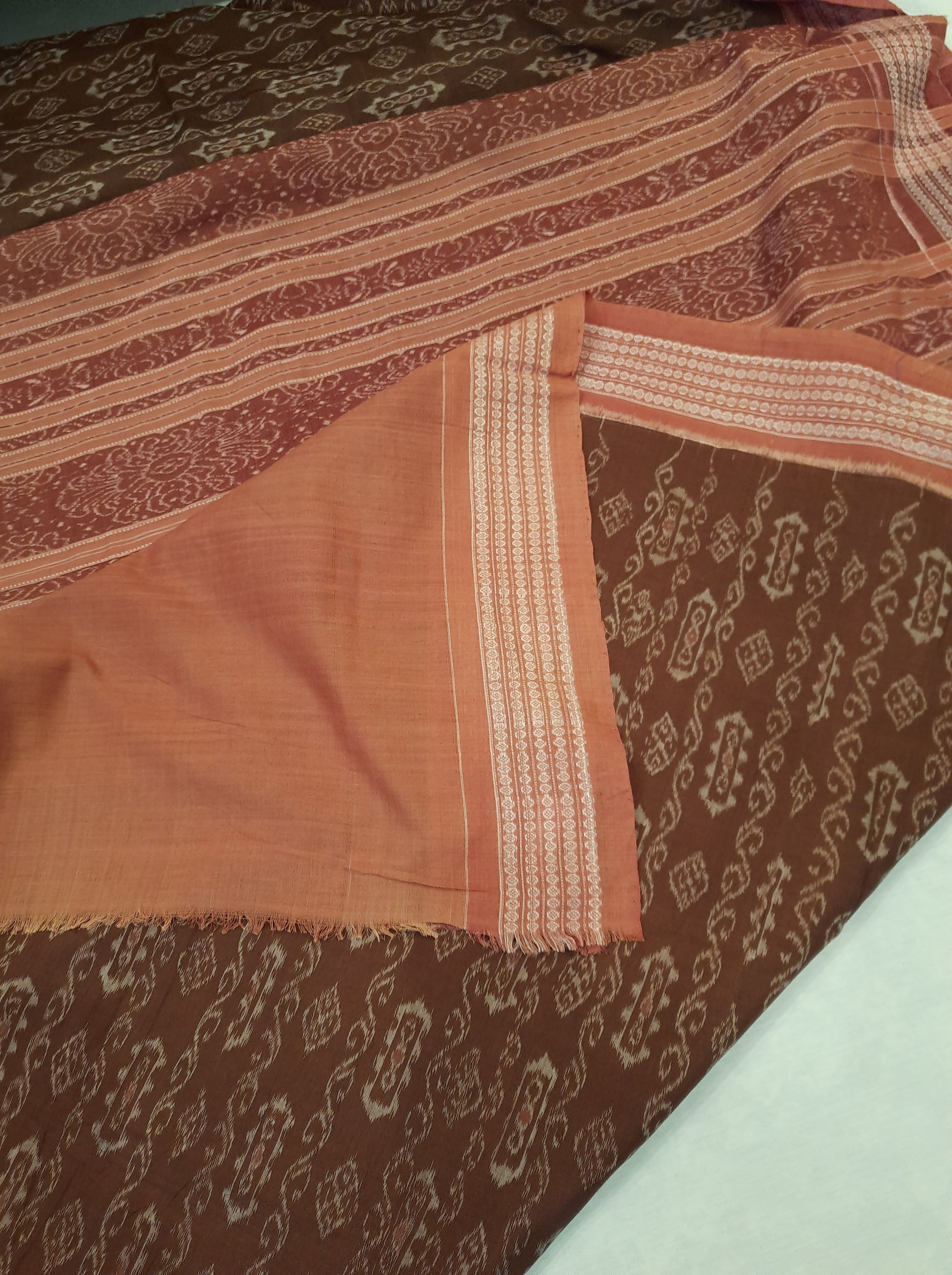 Brown cotton Bomkai Saree with running blouse piece