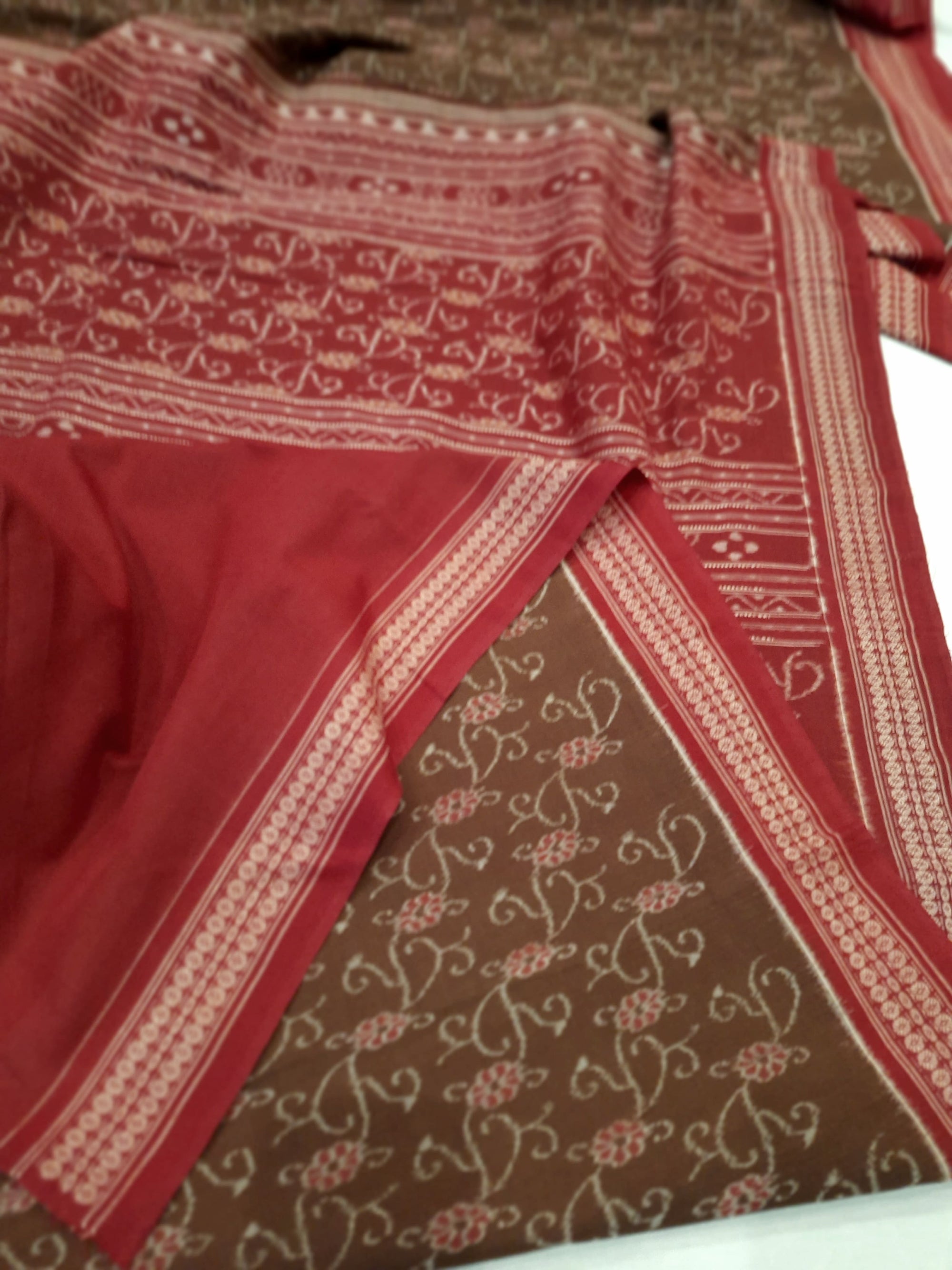 Brown and Maroon Sambalpuri Ikat Bomkai Cotton Saree with running blouse piece