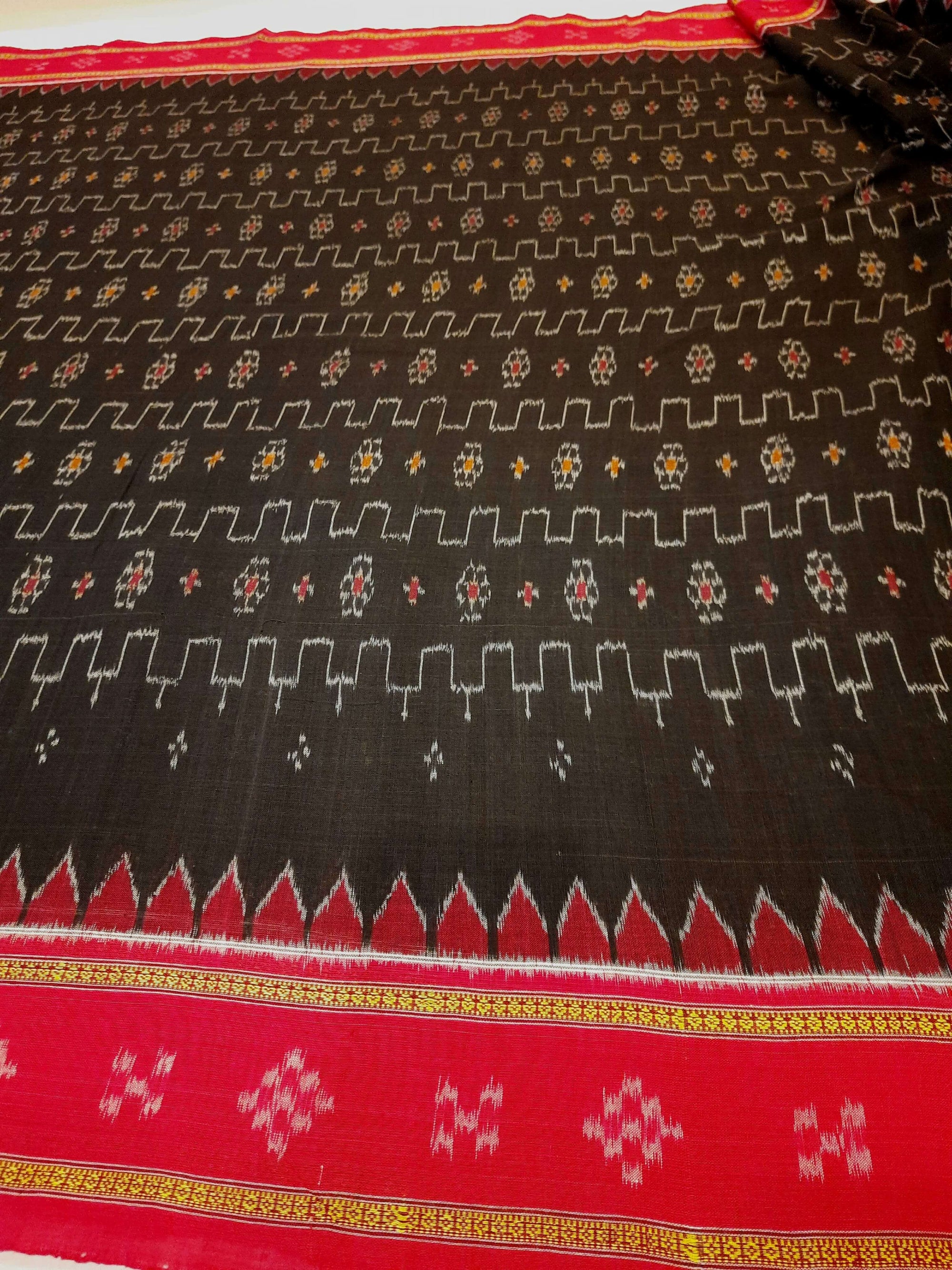 Black Cotton Odisha Ikat saree with cotton Sambalpuri Ikat blouse piece