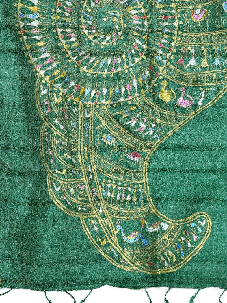 CraftsCollection.in - Green Tussar Silk Stole with Hand Painted Tribal Art