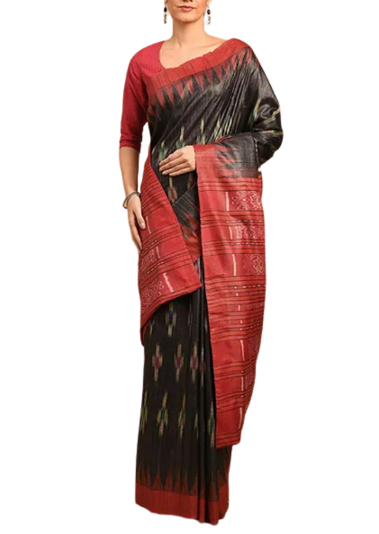 Black Tussar Silk Sambalpuri Saree with Pasapalli woven motifs and running blouse piece