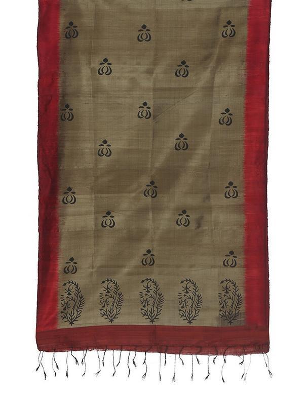 CraftsCollection.in - Grey Silk Stole with Hand Block Motifs