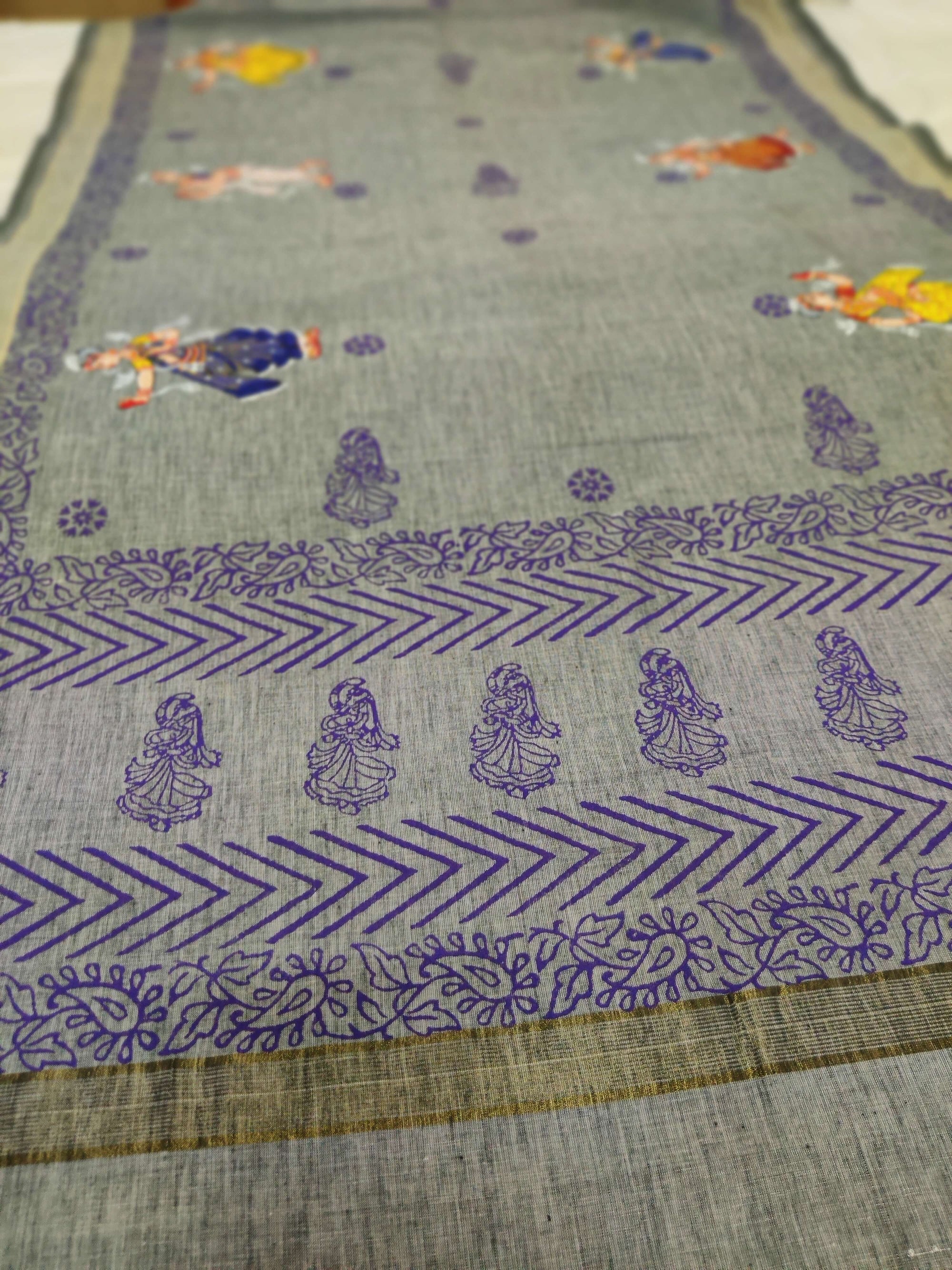 Grey Khadi Cotton Dupatta with handpainted pattachitra motifs