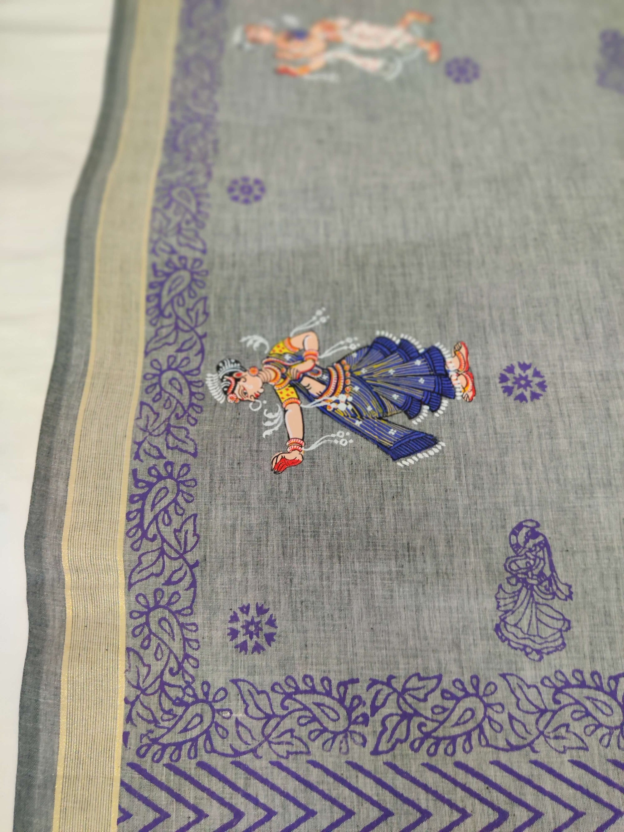 Grey Khadi Cotton Dupatta with handpainted pattachitra motifs